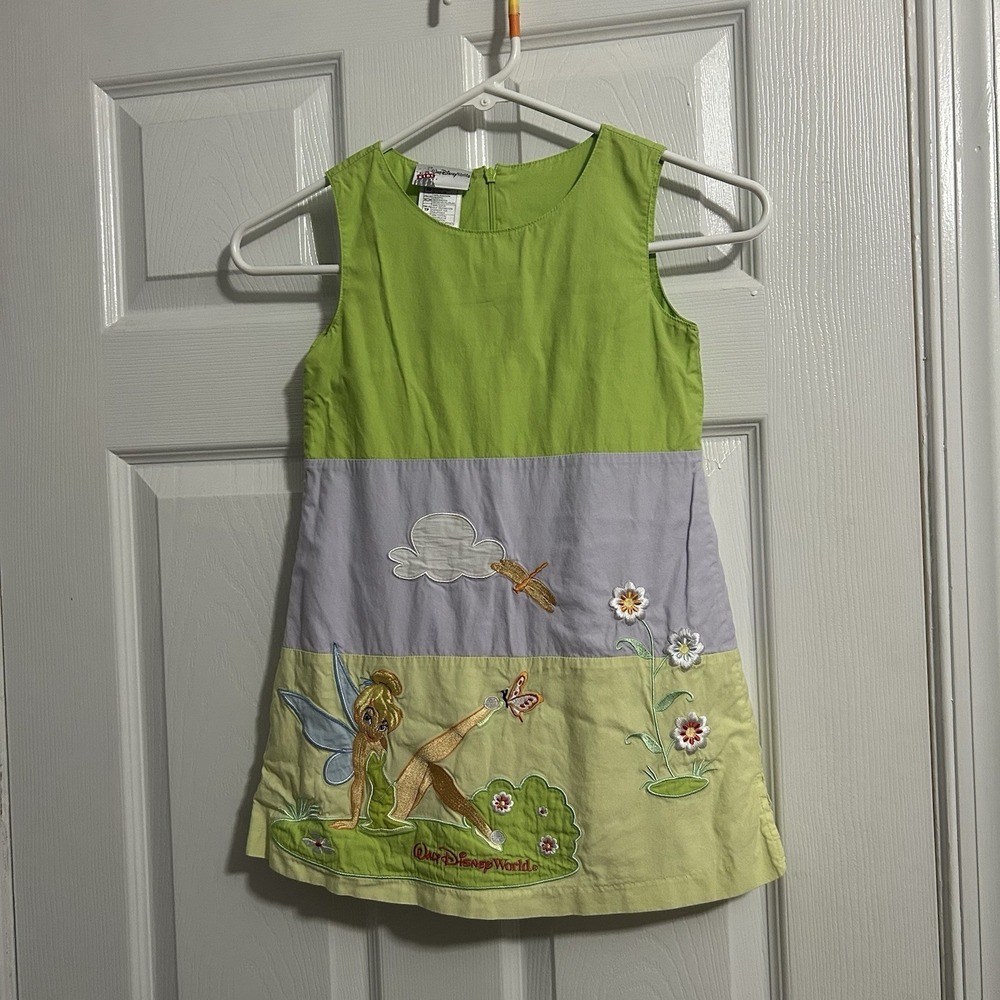 Vintage Walt Disney World Tinkerbell Embroidered Colorblock Dress Girls XS 4/5